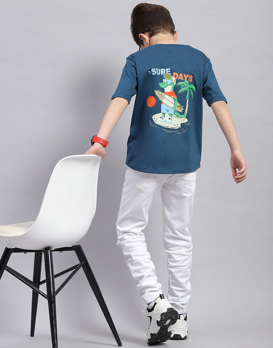 Boys Teal Blue Printed Round Neck Half Sleeve T-Shirt