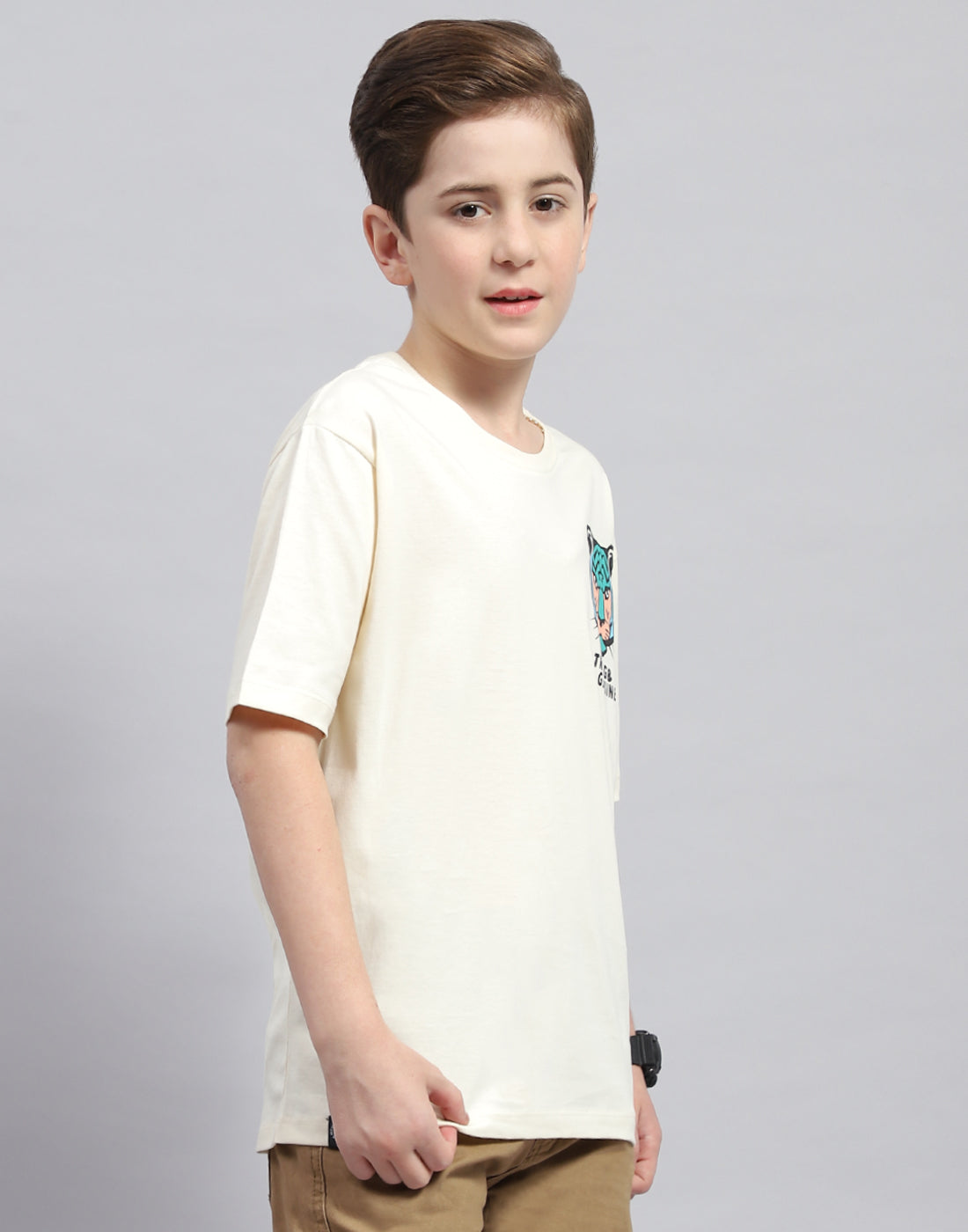 Boys Off White Printed Round Neck Half Sleeve T-Shirt