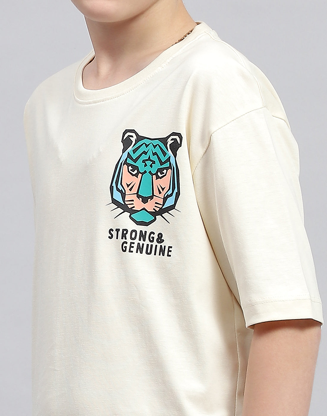Boys Off White Printed Round Neck Half Sleeve T-Shirt