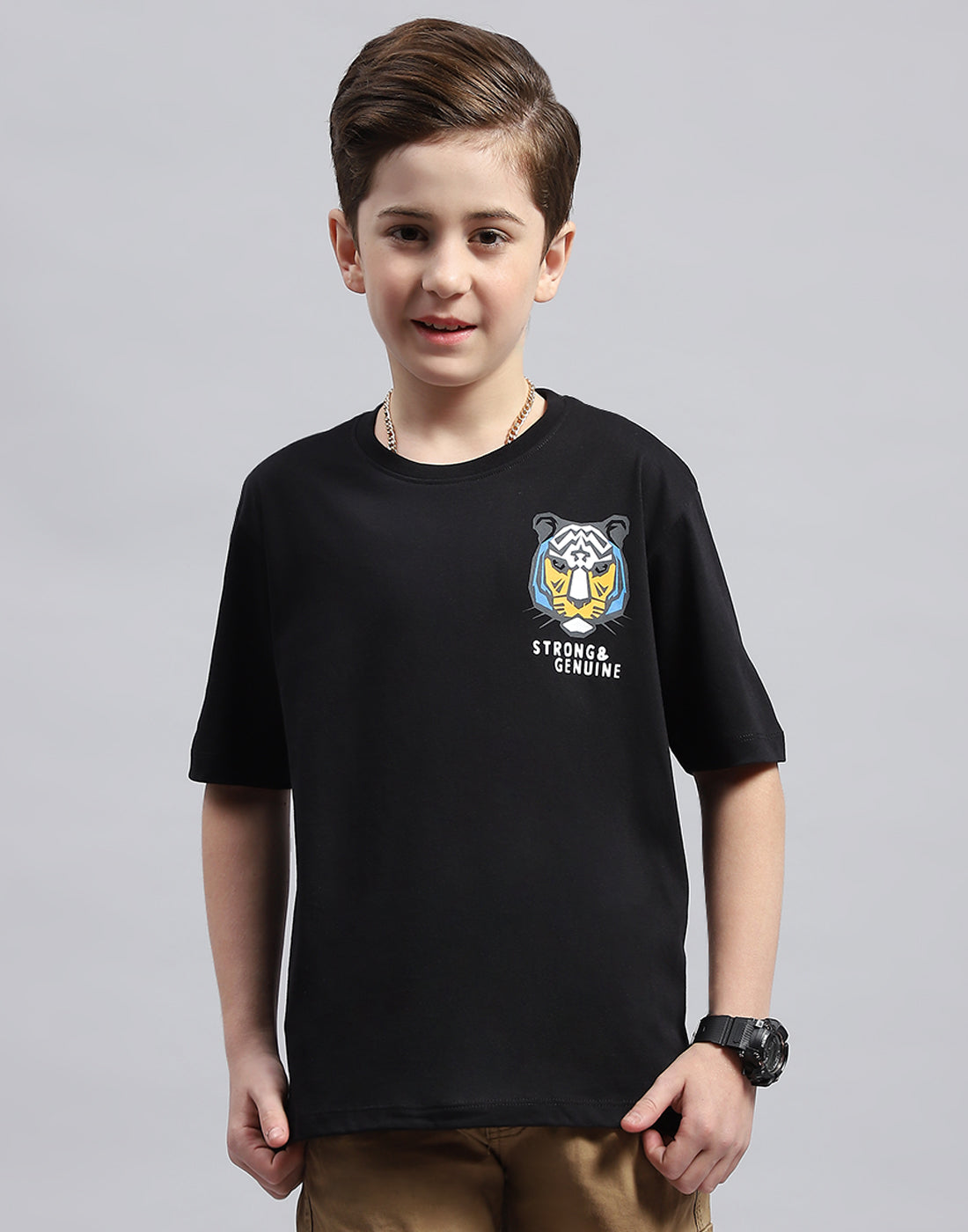 Boys Black Printed Round Neck Half Sleeve T-Shirt
