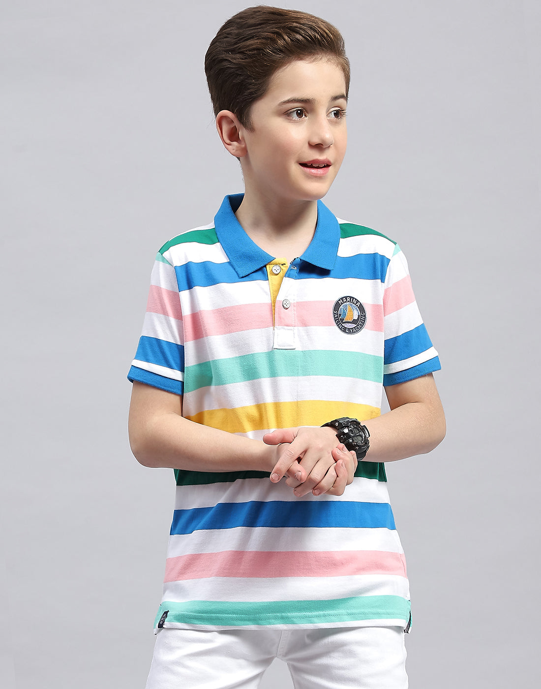 Boys White & Royal Blue Stripe Polo Collar Half Sleeve T-Shirt