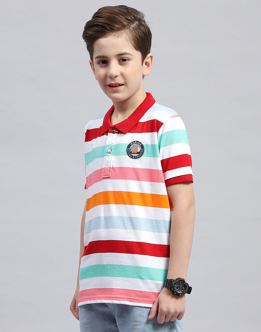 Boys White & Red Stripe Polo Collar Half Sleeve T-Shirt
