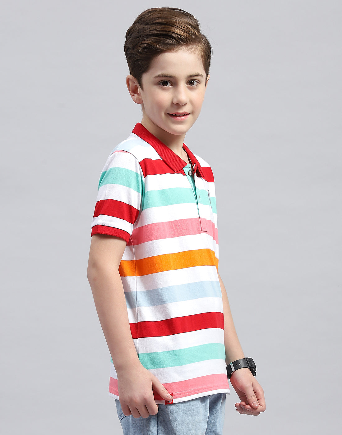 Boys White & Red Stripe Polo Collar Half Sleeve T-Shirt