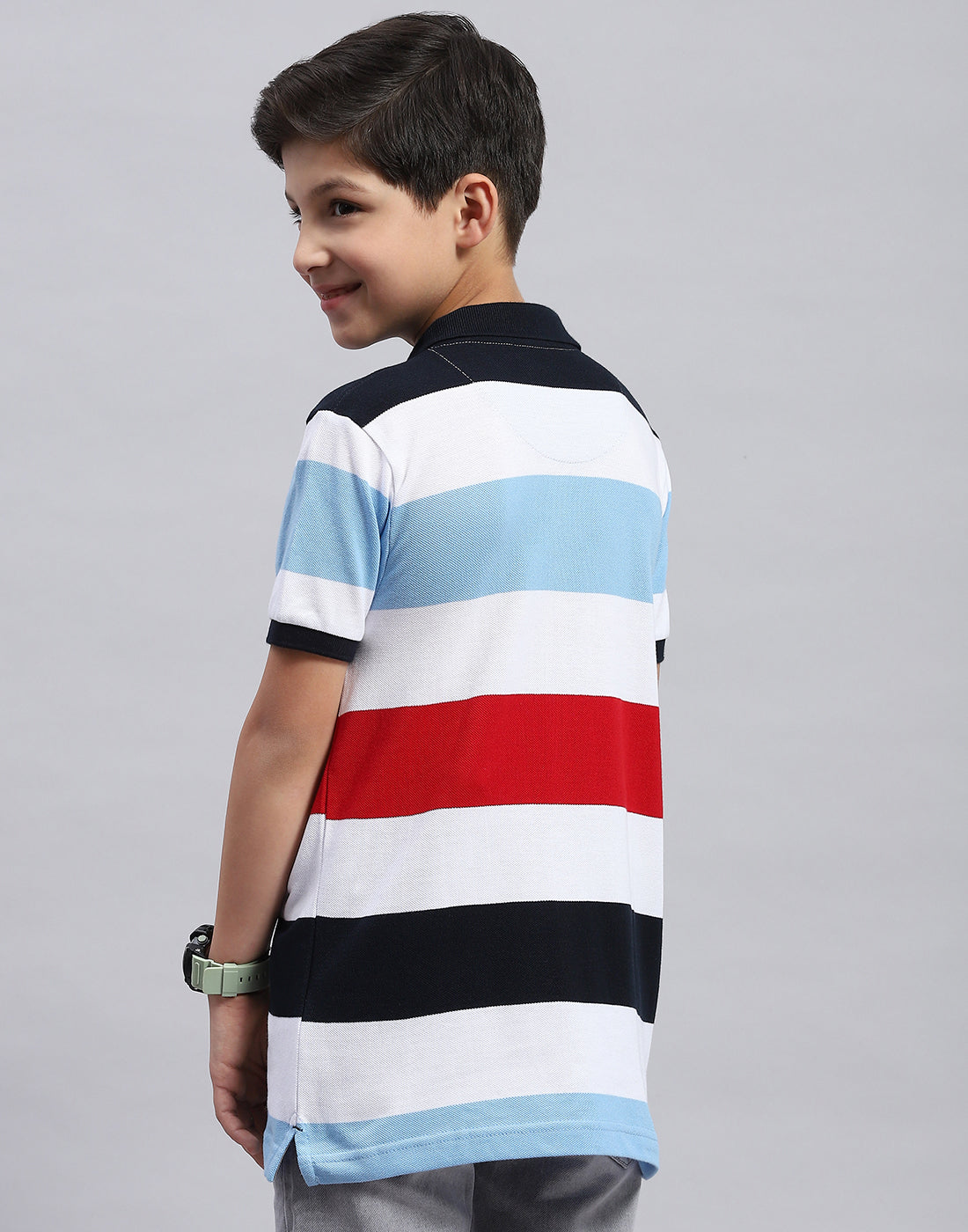 Boys White & Blue Printed Collar Half Sleeve T-Shirt