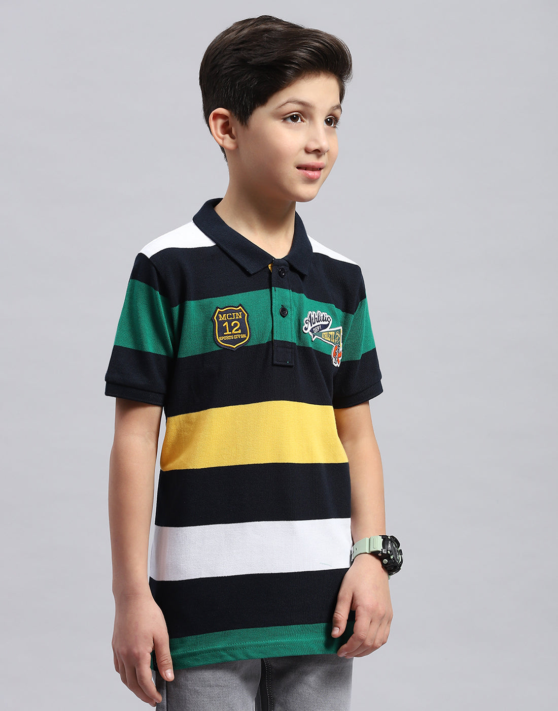 Boys Navy Blue & Green Printed Collar Half Sleeve T-Shirt