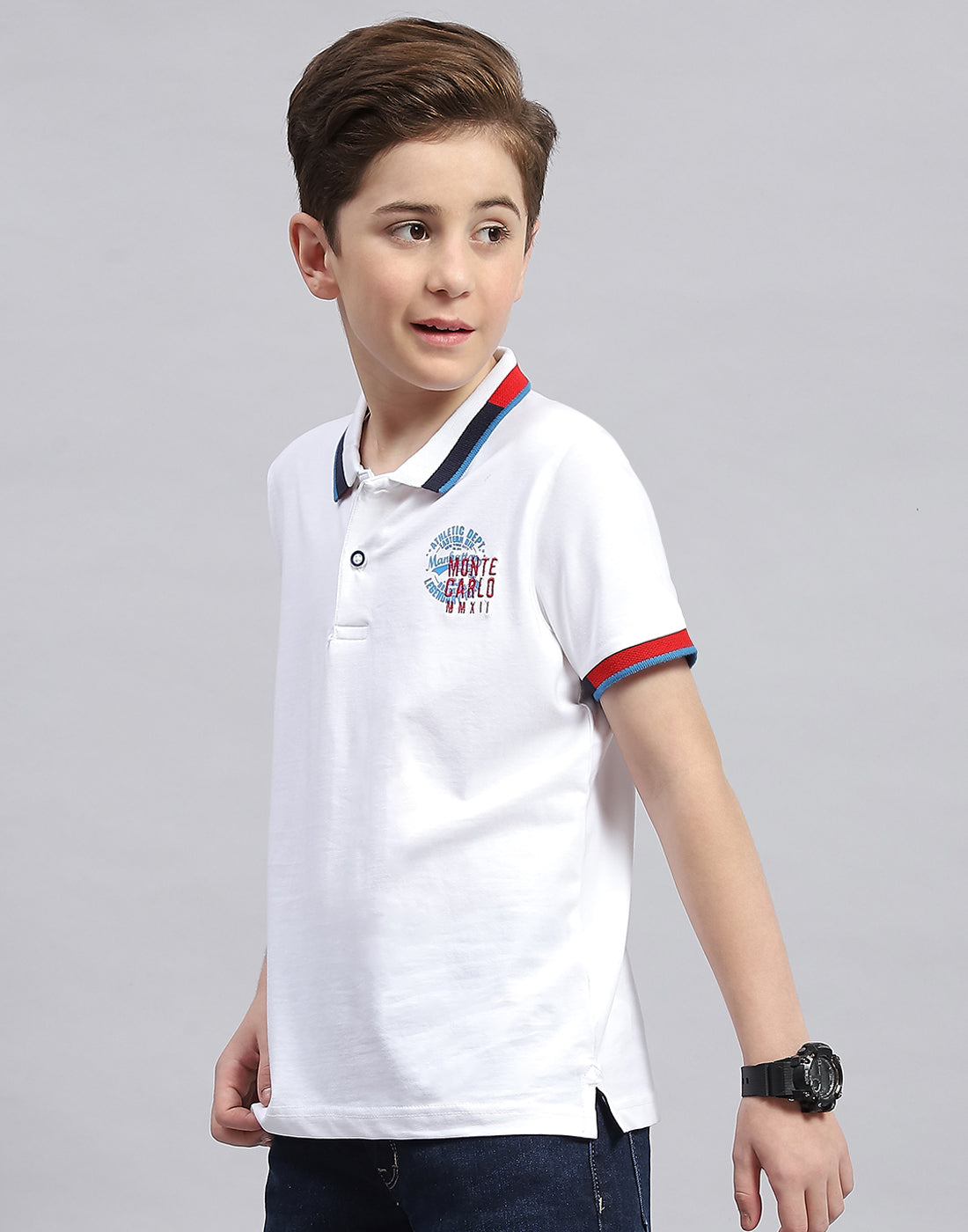 Boys White Printed Polo Collar Half Sleeve T-Shirt