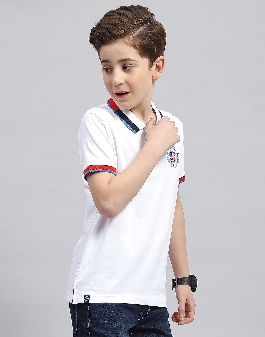 Boys White Printed Polo Collar Half Sleeve T-Shirt
