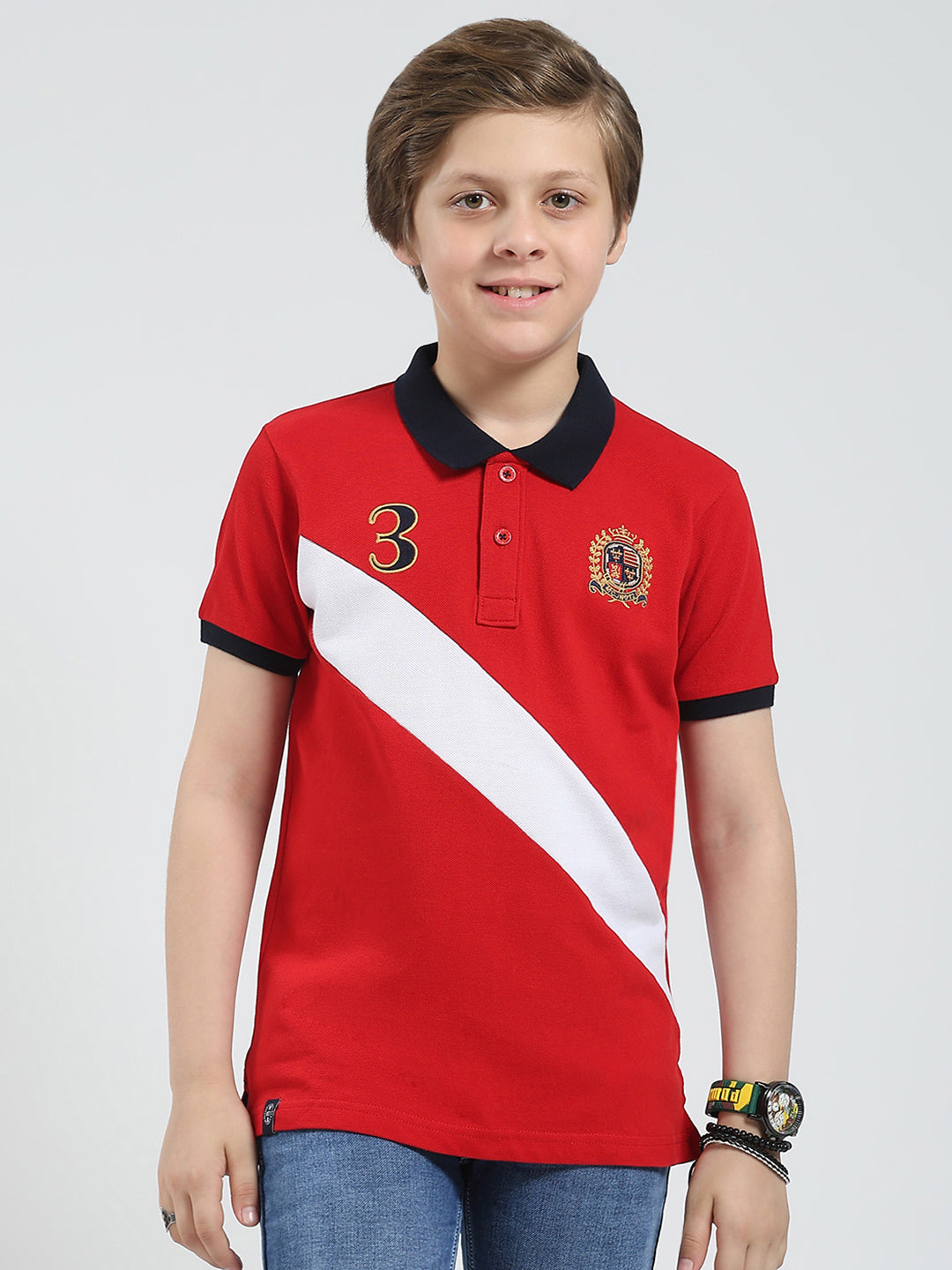Boys Red Printed Collar Half Sleeve T-Shirt