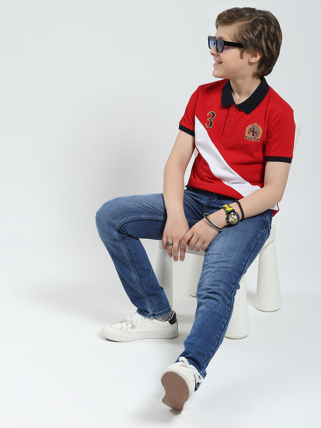 Boys Red Printed Collar Half Sleeve T-Shirt