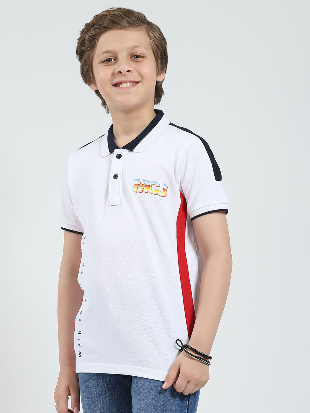 Boys White Printed Collar Half Sleeve T-Shirt