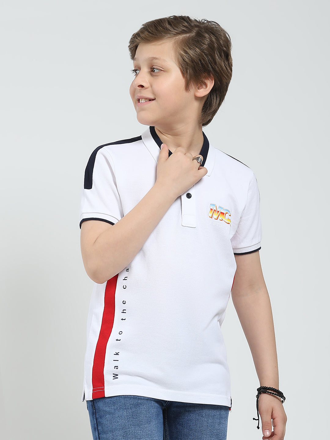 Boys White Printed Collar Half Sleeve T-Shirt