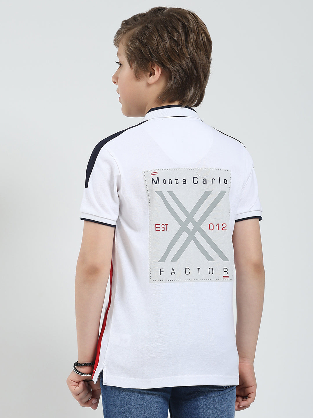 Boys White Printed Collar Half Sleeve T-Shirt