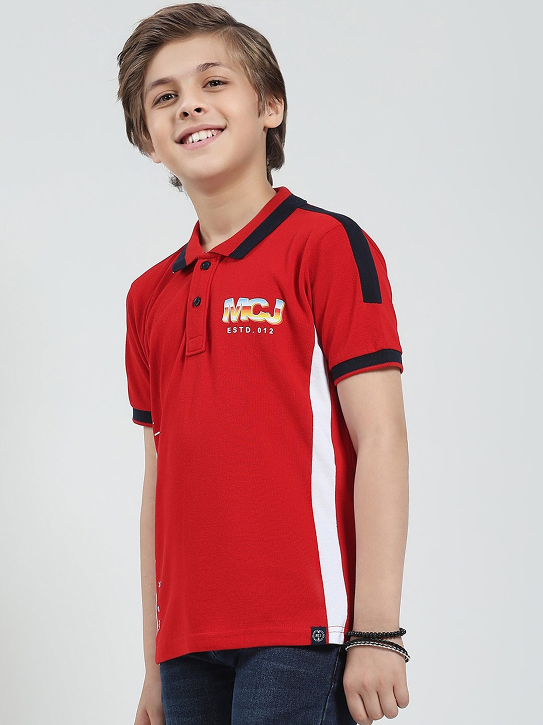 Boys Red Printed Collar Half Sleeve T-Shirt
