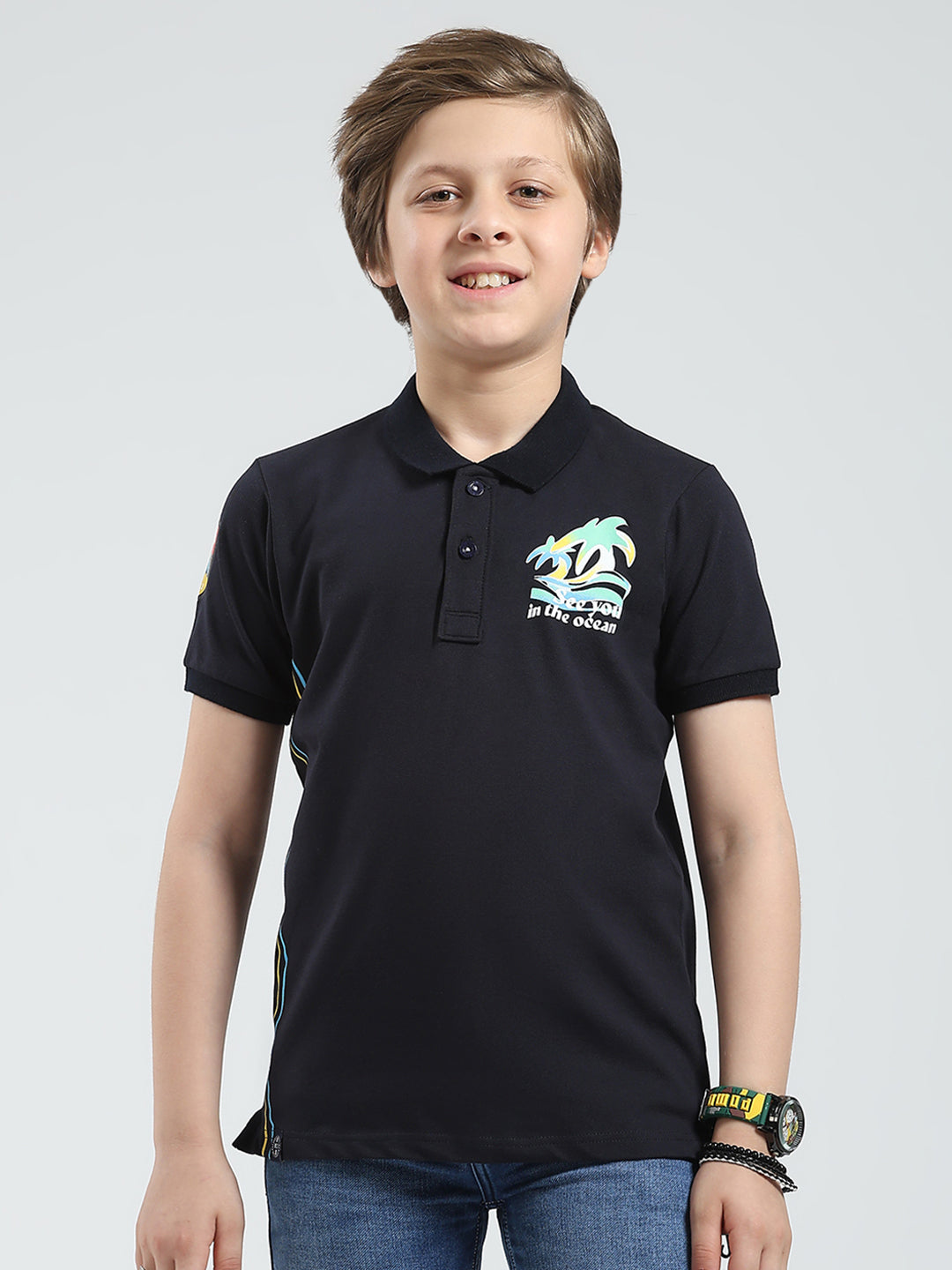 Boys Navy Blue Printed Collar Half Sleeve T-Shirt