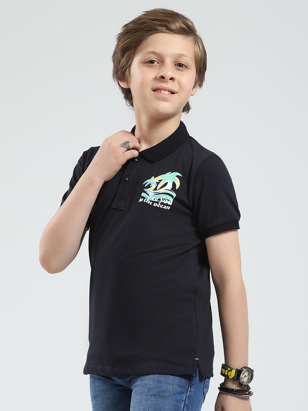 Boys Navy Blue Printed Collar Half Sleeve T-Shirt