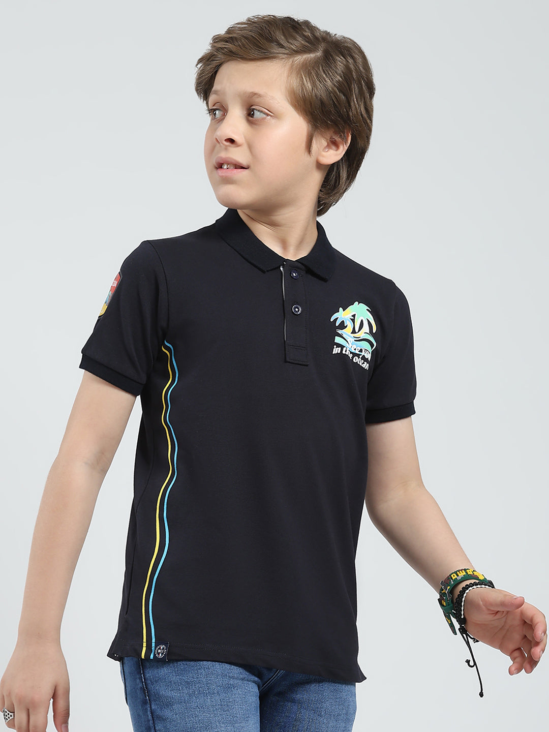 Boys Navy Blue Printed Collar Half Sleeve T-Shirt