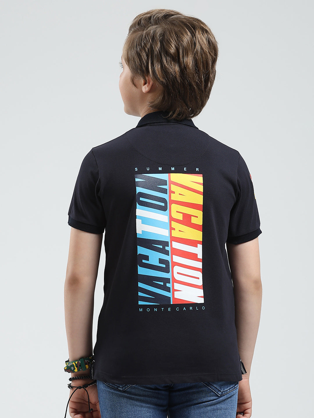 Boys Navy Blue Printed Collar Half Sleeve T-Shirt