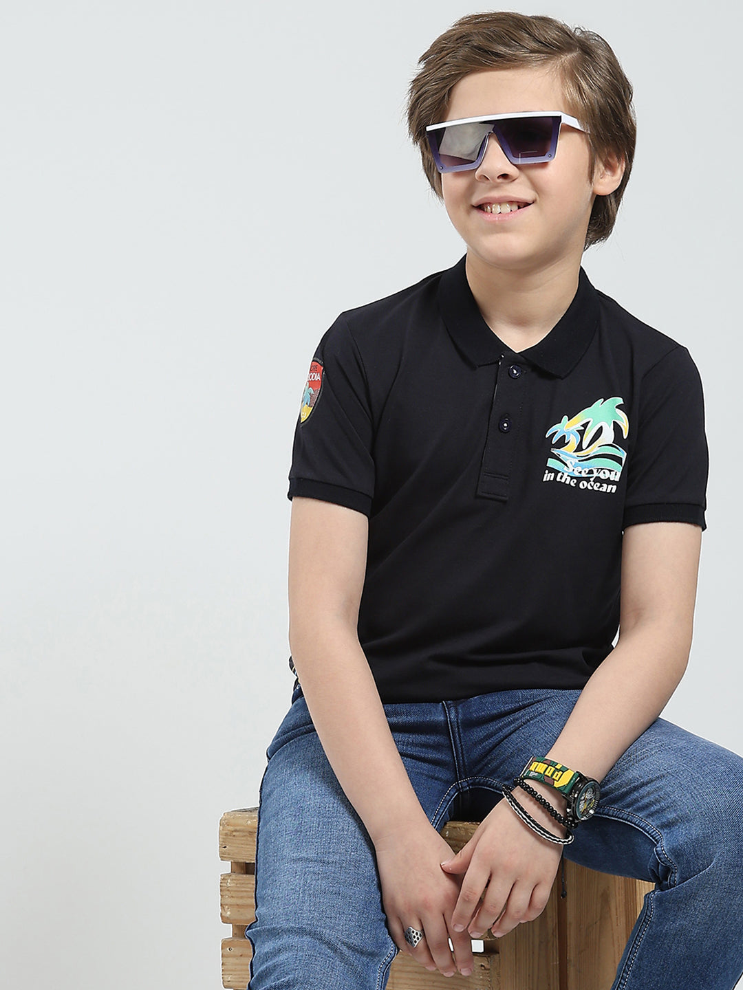 Boys Navy Blue Printed Collar Half Sleeve T-Shirt