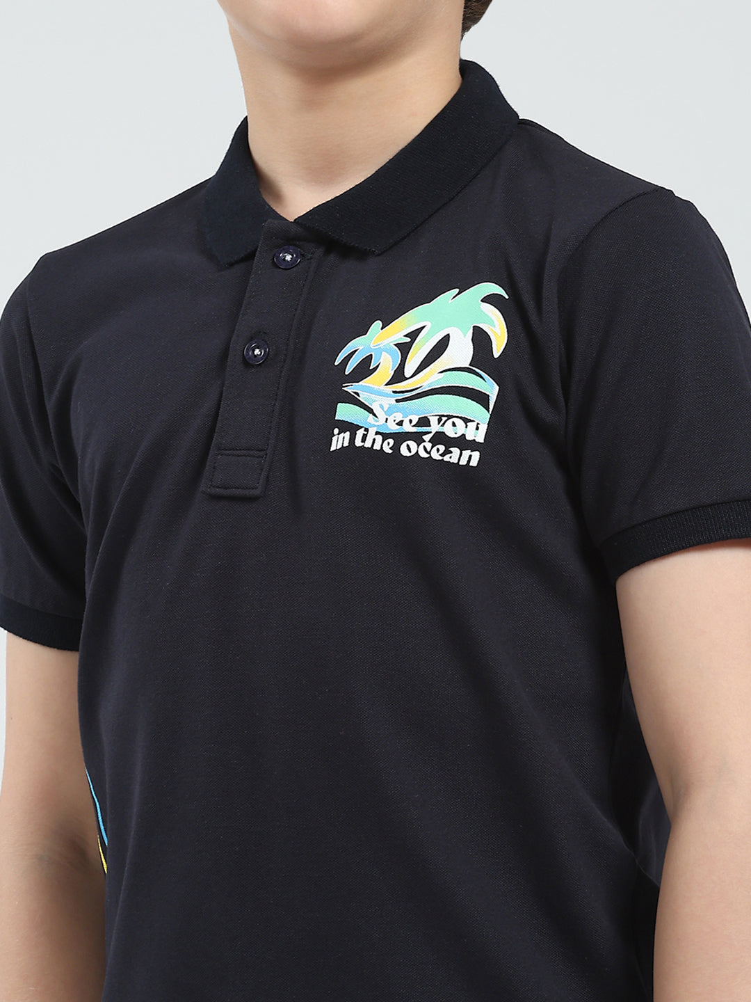 Boys Navy Blue Printed Collar Half Sleeve T-Shirt