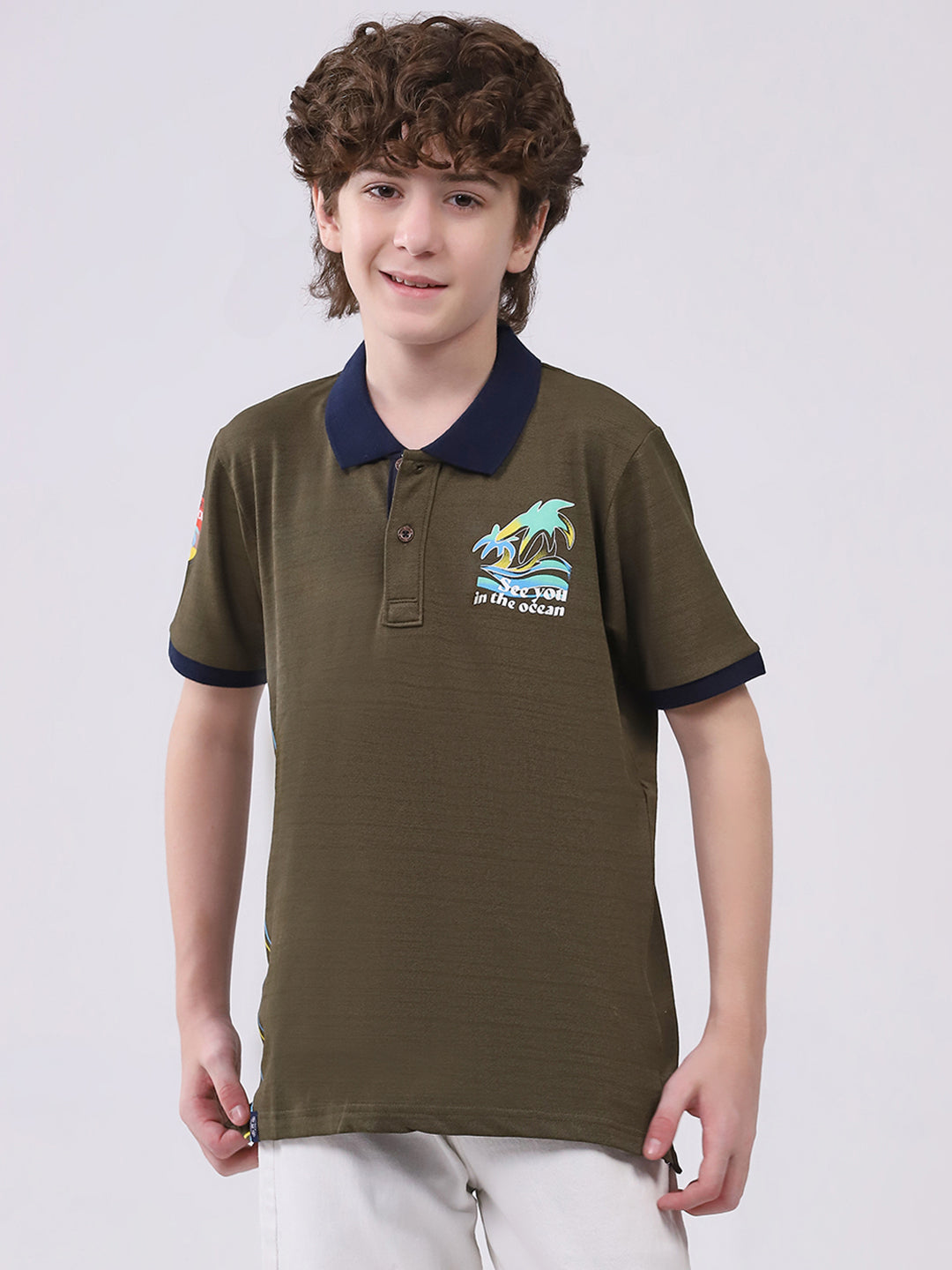 Boys Olive Printed Collar Half Sleeve T-Shirt