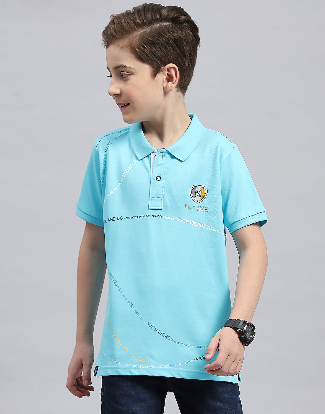 Boys Aqua Blue Printed Polo Collar Half Sleeve T-Shirt