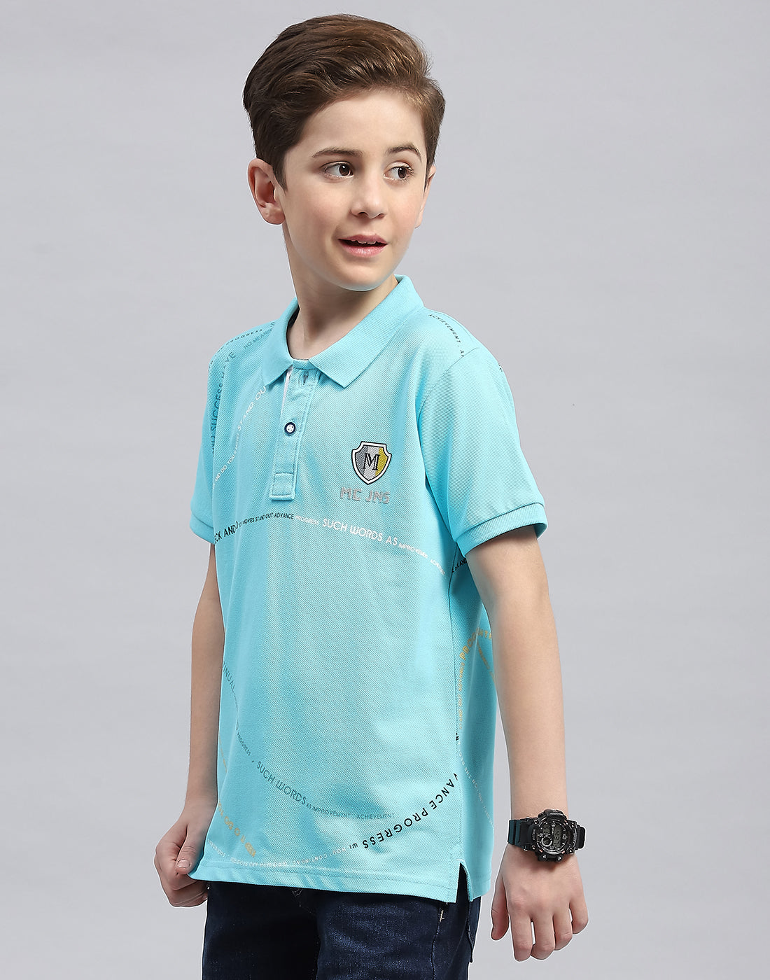 Boys Aqua Blue Printed Polo Collar Half Sleeve T-Shirt