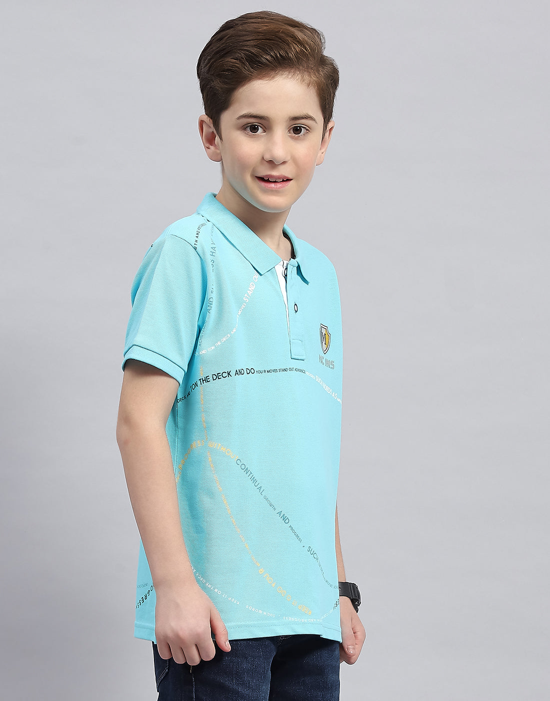 Boys Aqua Blue Printed Polo Collar Half Sleeve T-Shirt