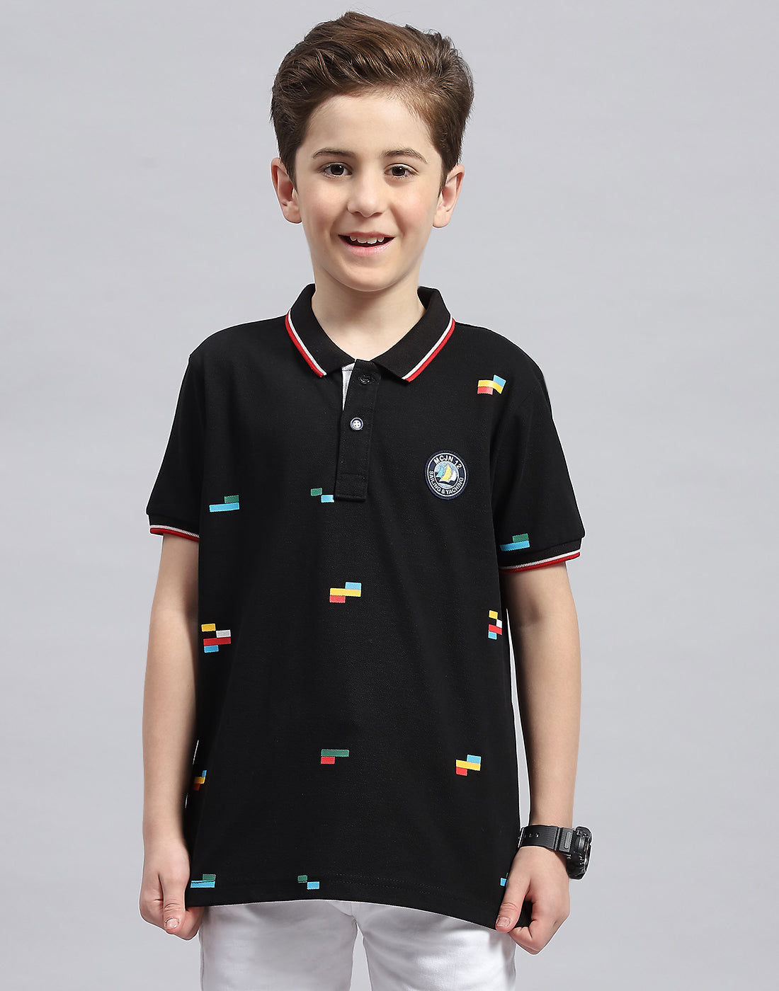 Boys Black Printed Polo Collar Half Sleeve T-Shirt