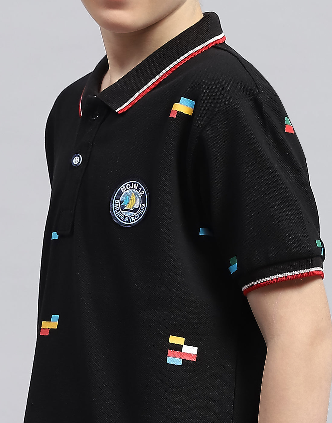 Boys Black Printed Polo Collar Half Sleeve T-Shirt