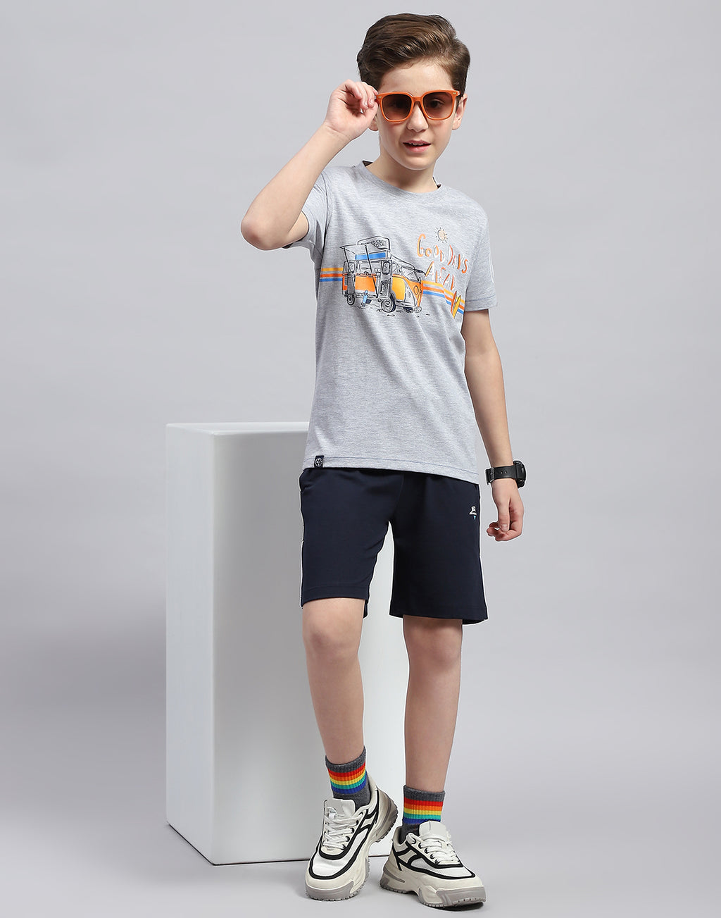 Boys Grey & Navy Blue Printed Round Neck Half Sleeve Bermuda Set