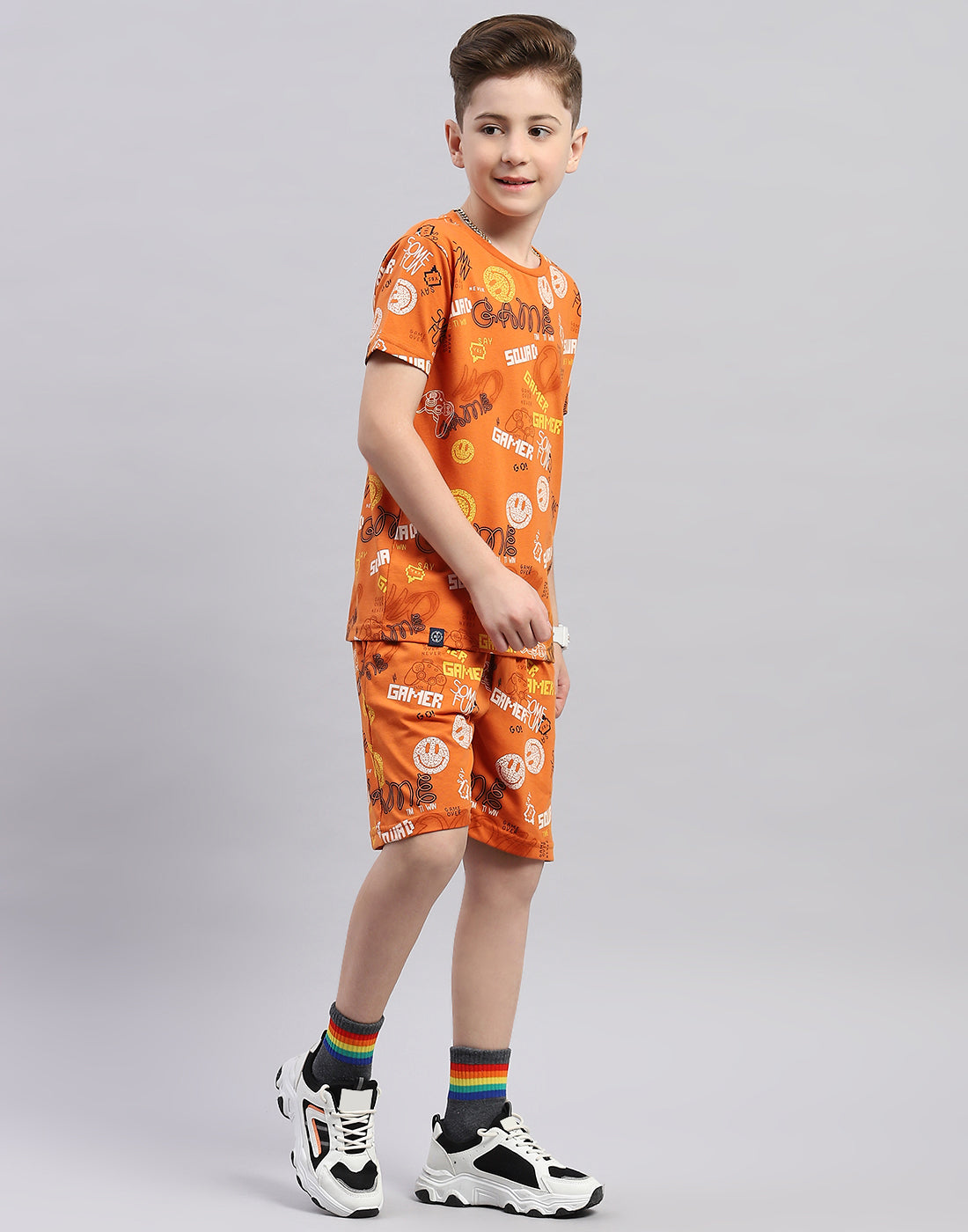 Boys Orange Printed Round Neck Half Sleeve Bermuda Set