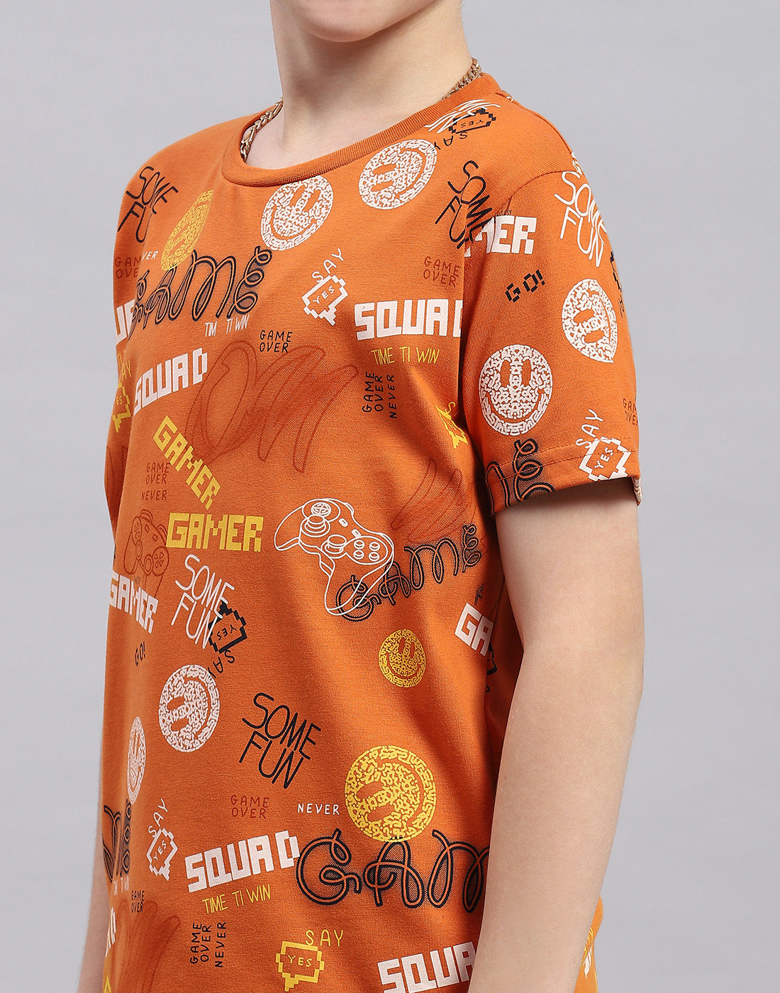 Boys Orange Printed Round Neck Half Sleeve Bermuda Set