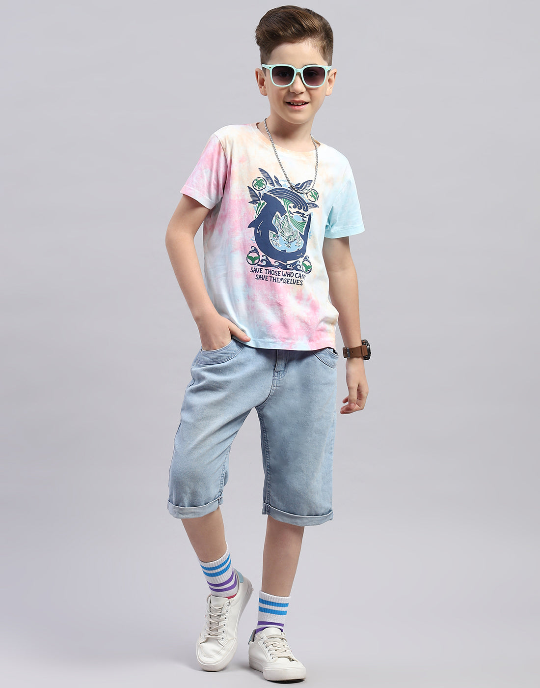 Boys Blue Printed Round Neck Half Sleeve T-Shirt