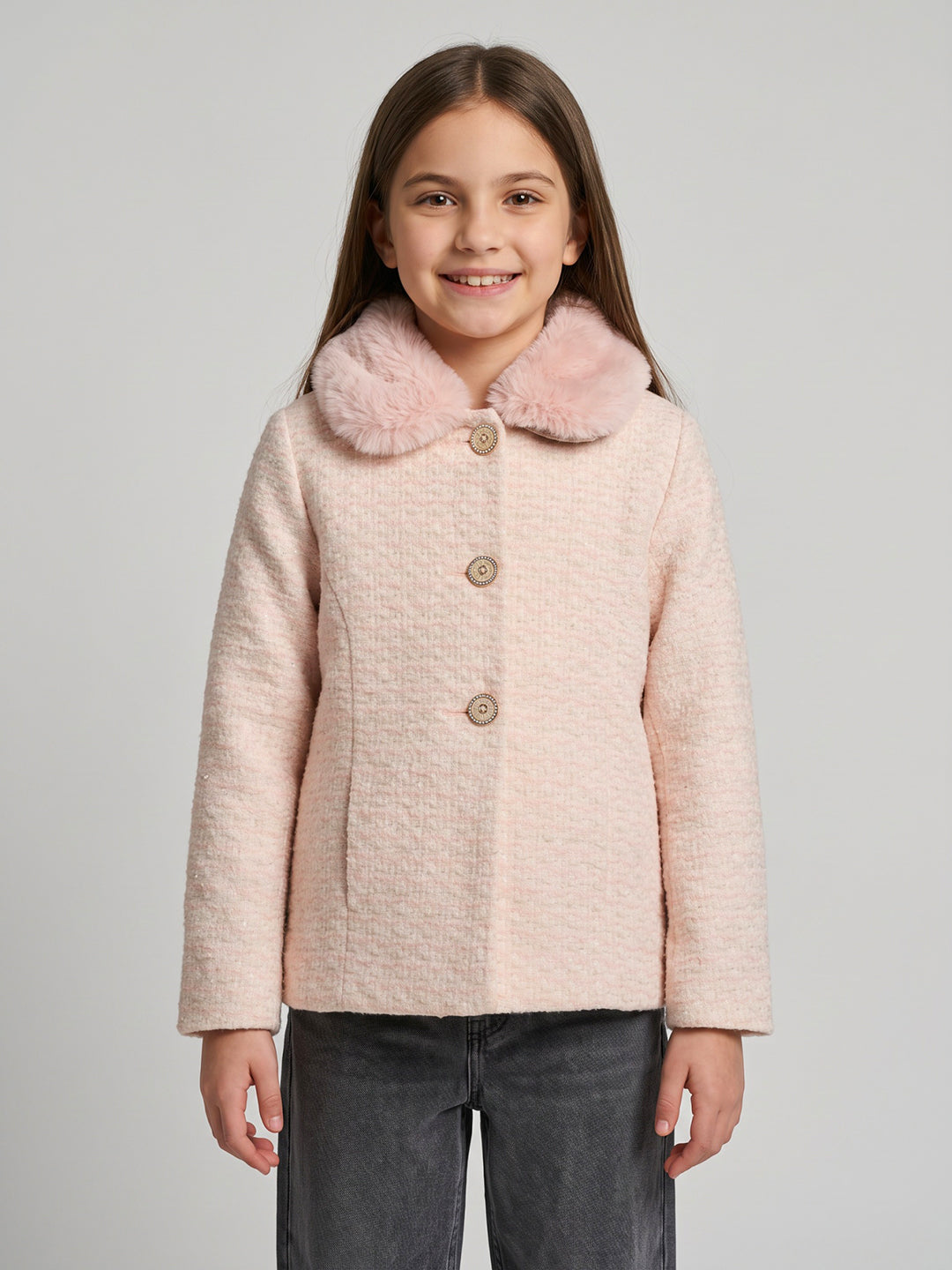 Girls Peach Jacquard Faux Fur Collar Full Sleeve Coat