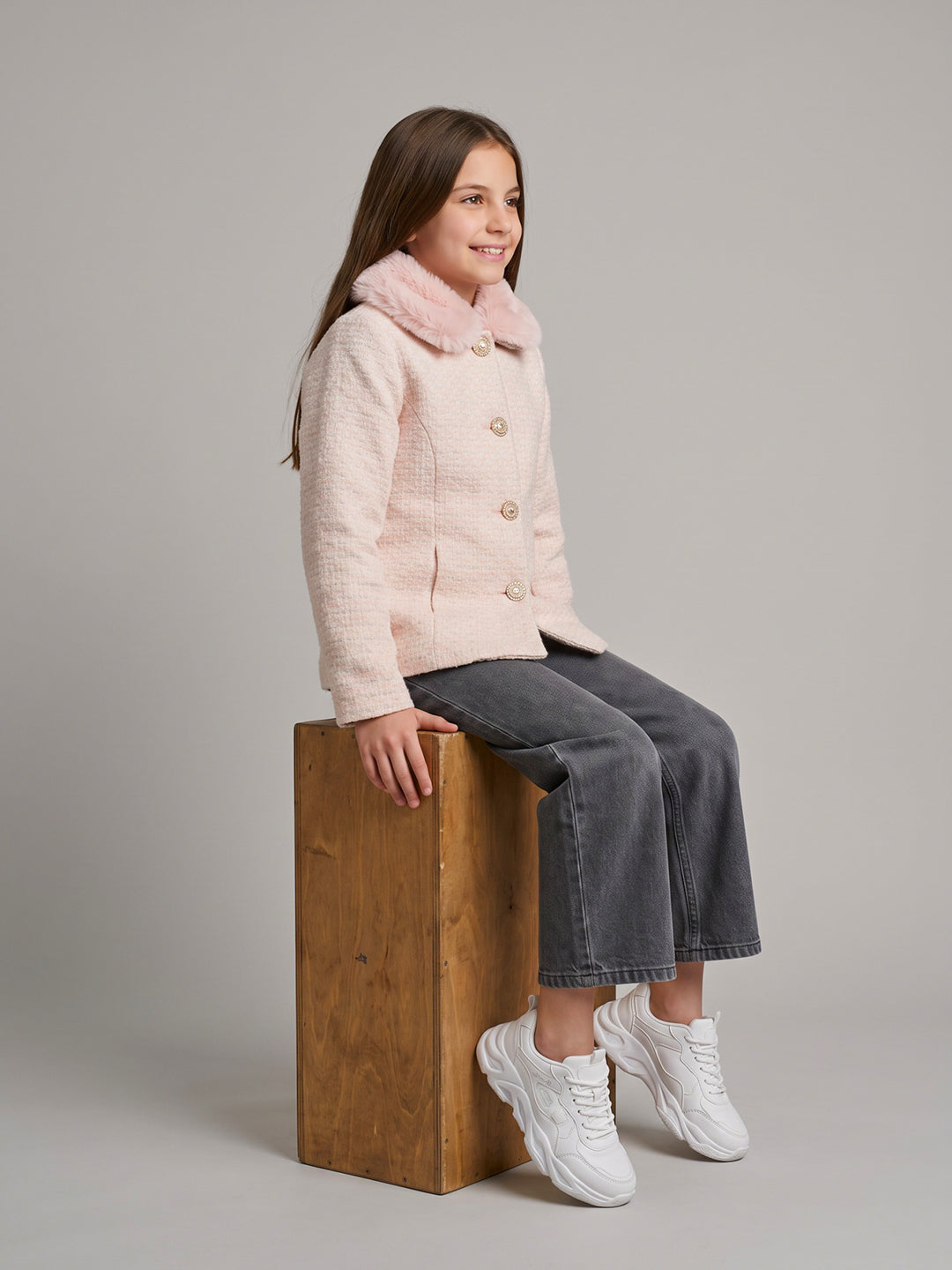 Girls Peach Jacquard Faux Fur Collar Full Sleeve Coat