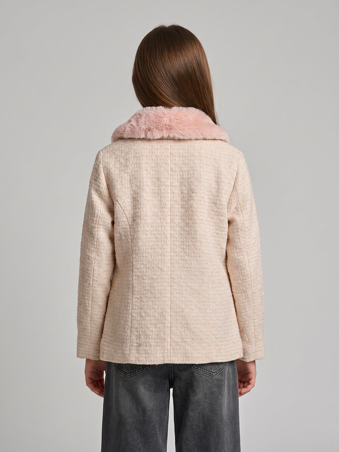 Girls Peach Jacquard Faux Fur Collar Full Sleeve Coat