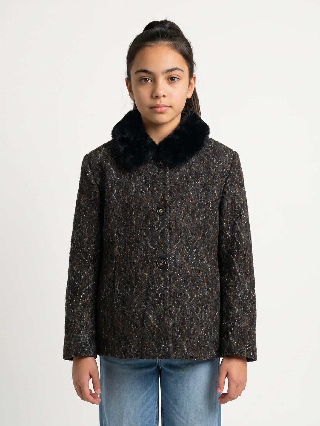 Girls Black Embroidered Collar Full Sleeve Coat