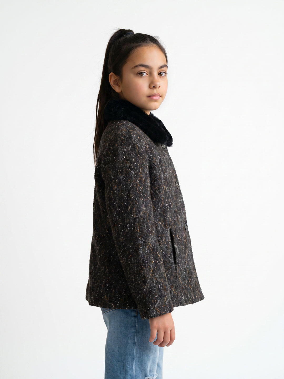 Girls Black Embroidered Collar Full Sleeve Coat