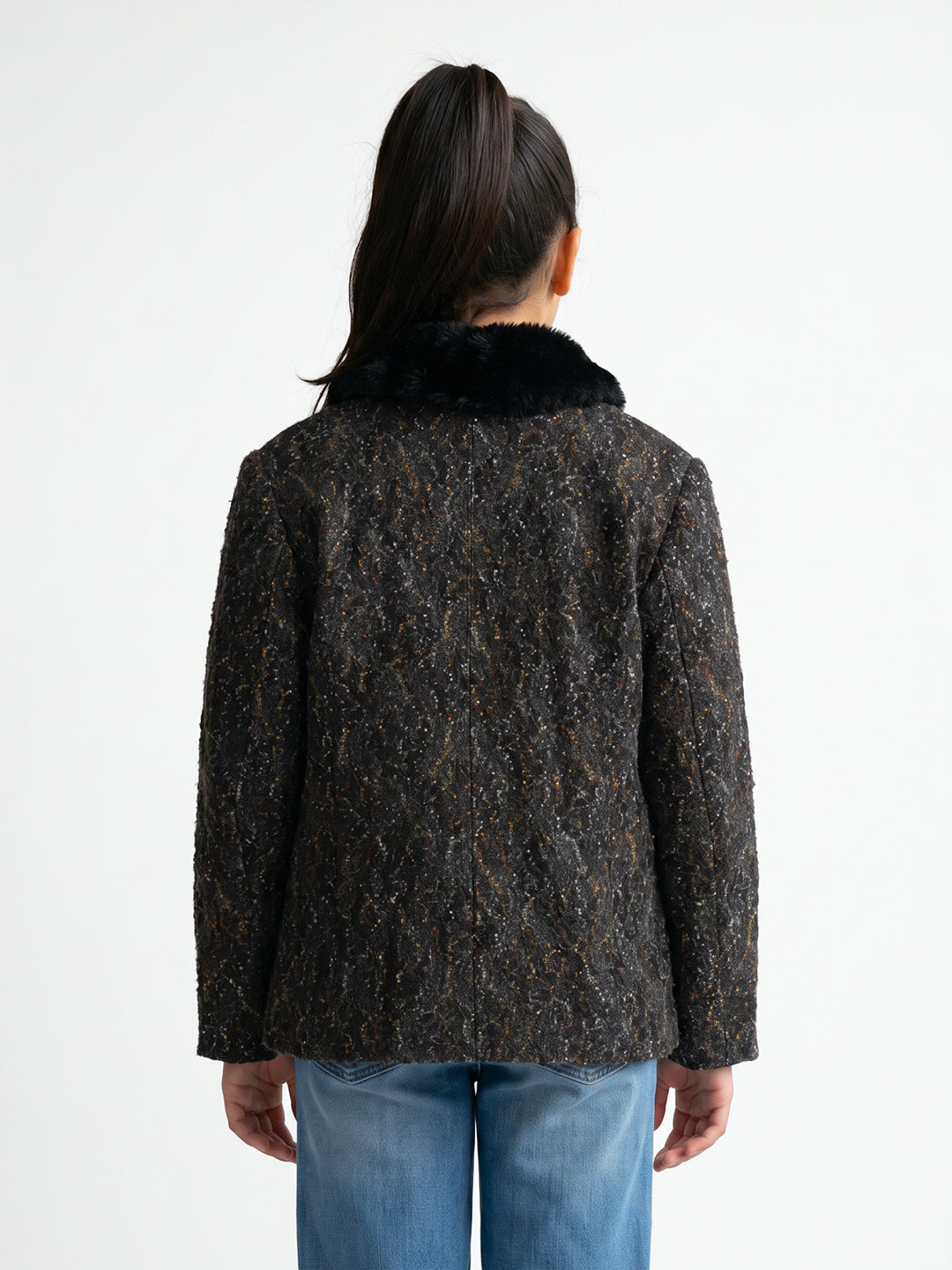 Girls Black Embroidered Collar Full Sleeve Coat
