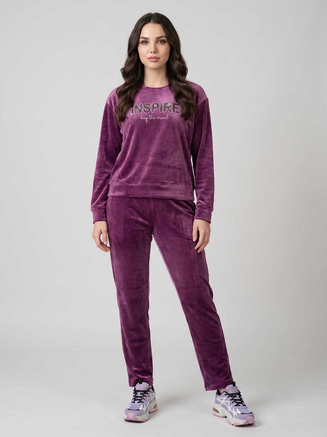 Girls Mauve Printed Round Neck Full Sleeve Cords Set