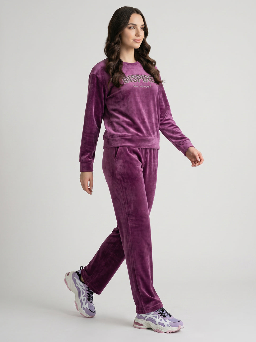 Girls Mauve Printed Round Neck Full Sleeve Cords Set