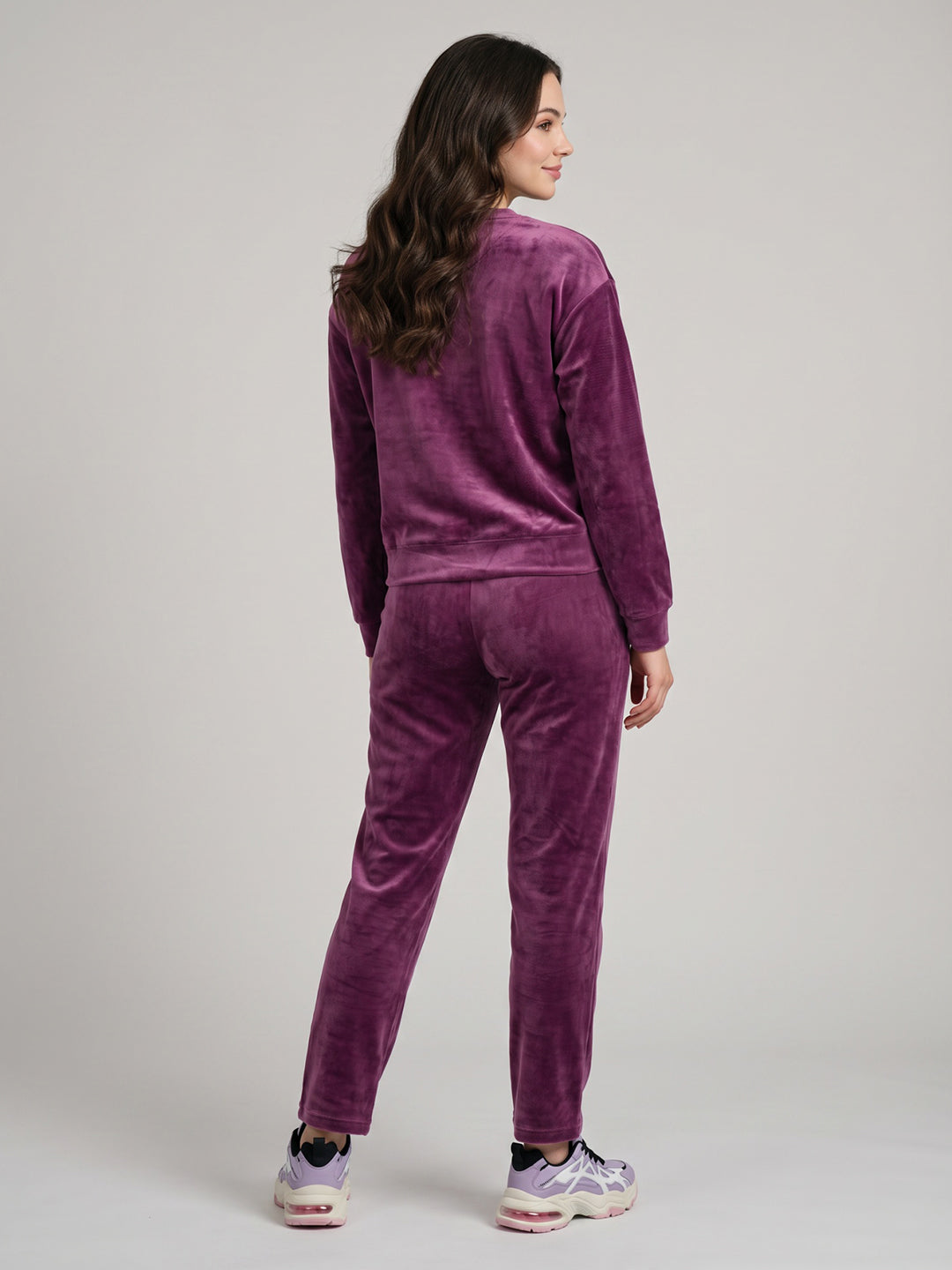 Girls Mauve Printed Round Neck Full Sleeve Cords Set