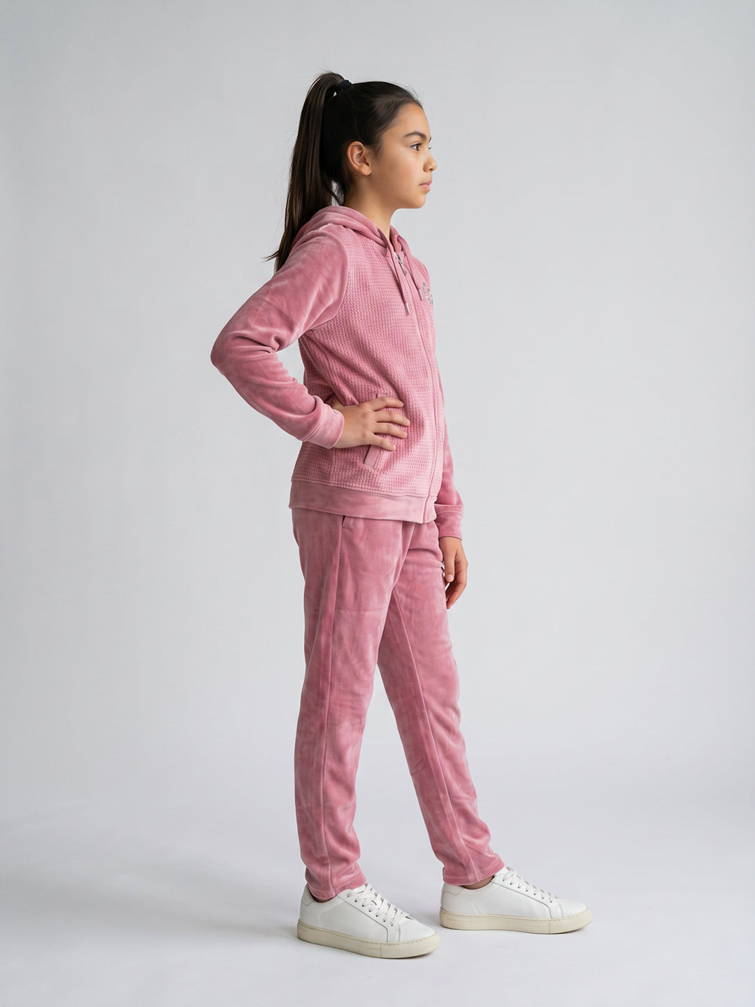 Girls Pink Corduroy Hooded Full Sleeve Cords Set