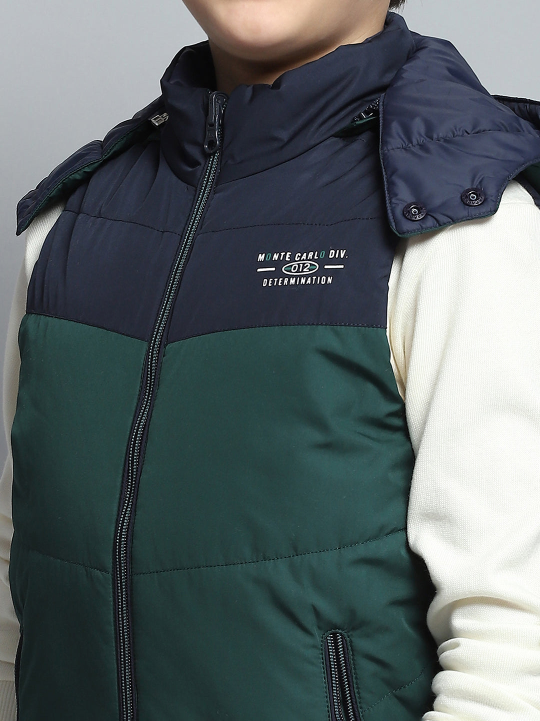 Boys Green Printed Detachable Hood Sleeveless Reversible Jacket