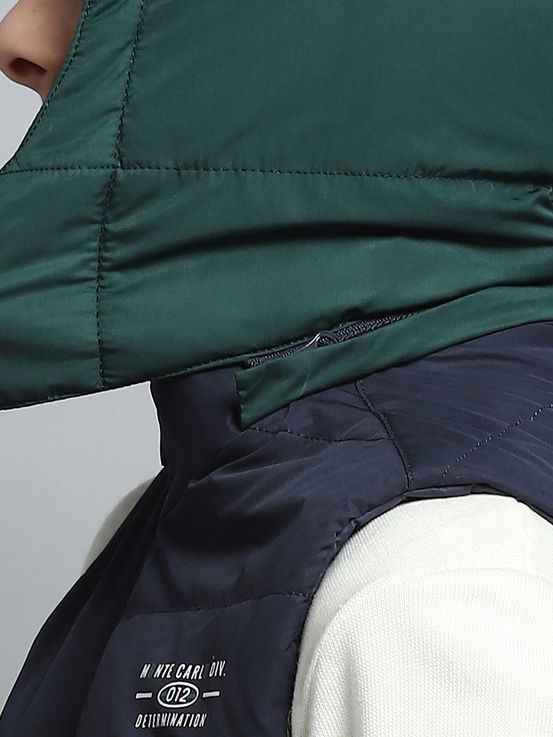 Boys Green Printed Detachable Hood Sleeveless Reversible Jacket