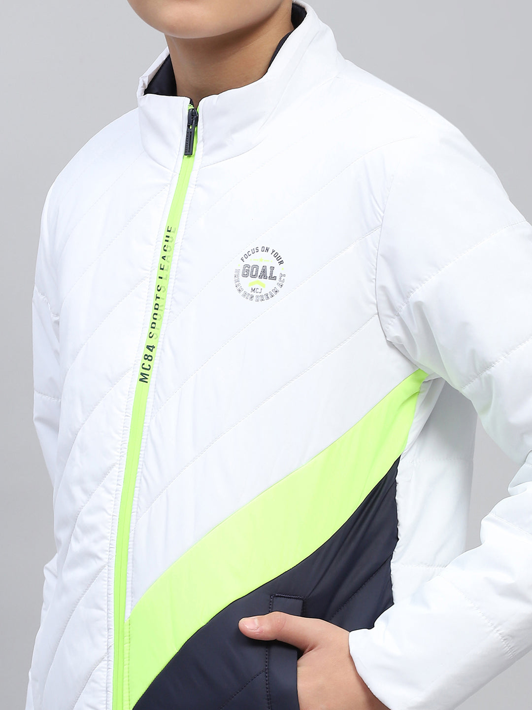 Boys White Printed Mock Neck Full Sleeve Jacket