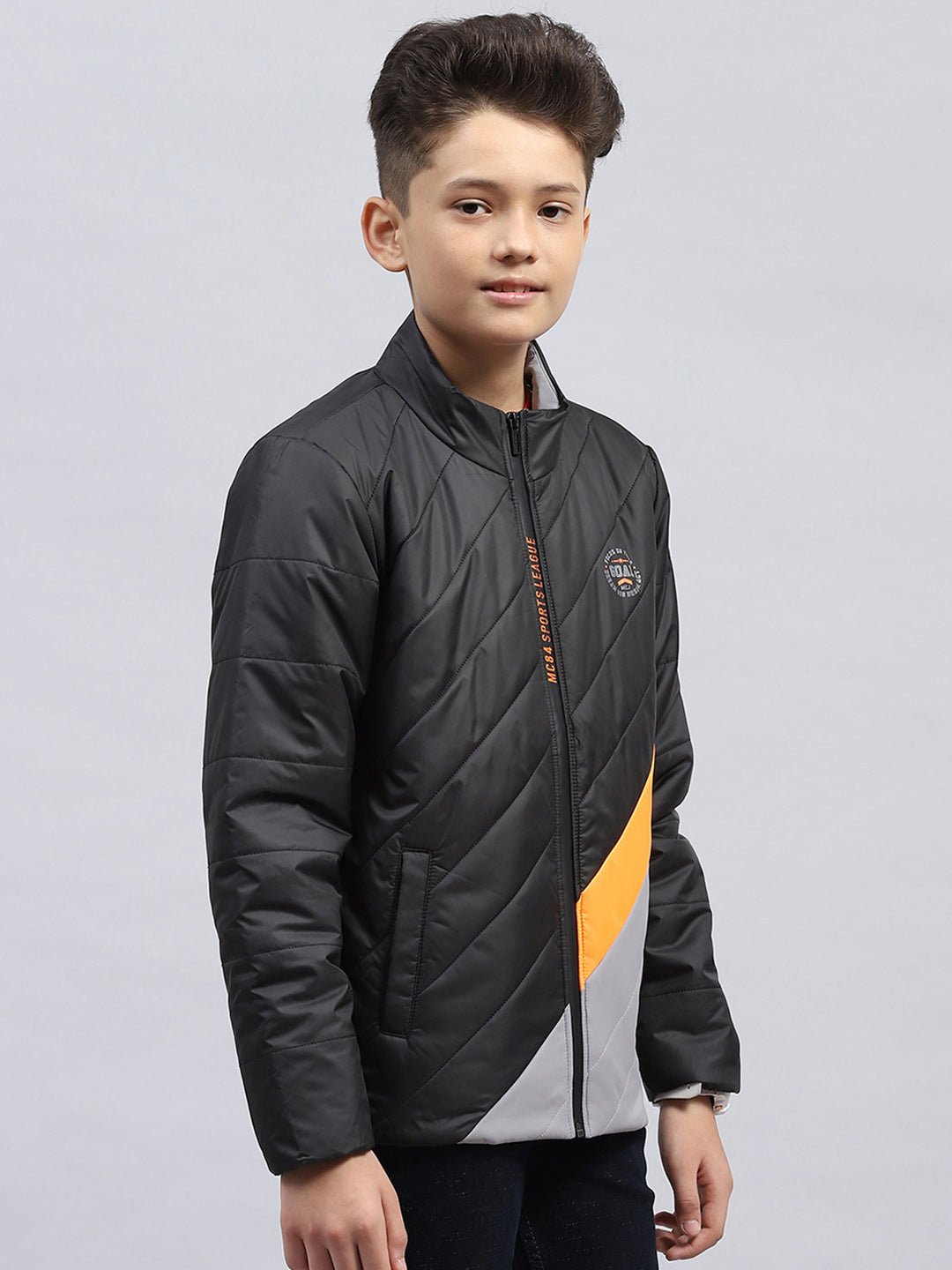 Boys Black Printed Mock Neck Full Sleeve Jacket