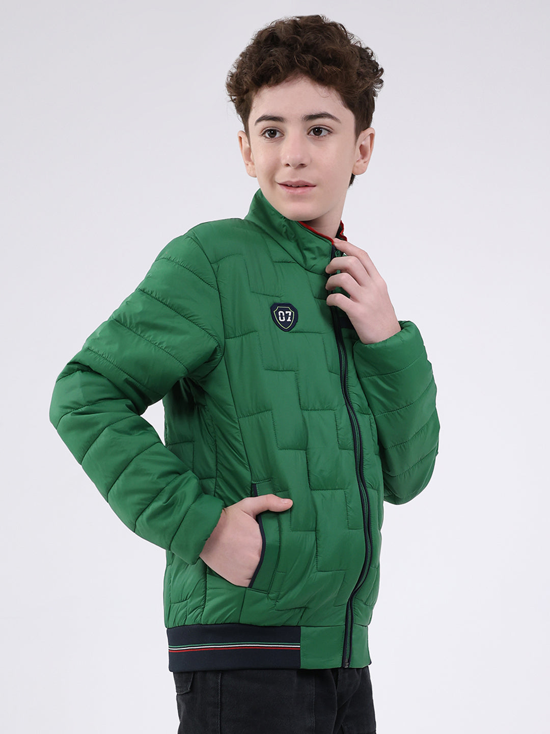 Boys Green Solid Mock Neck Full Sleeve Jacket