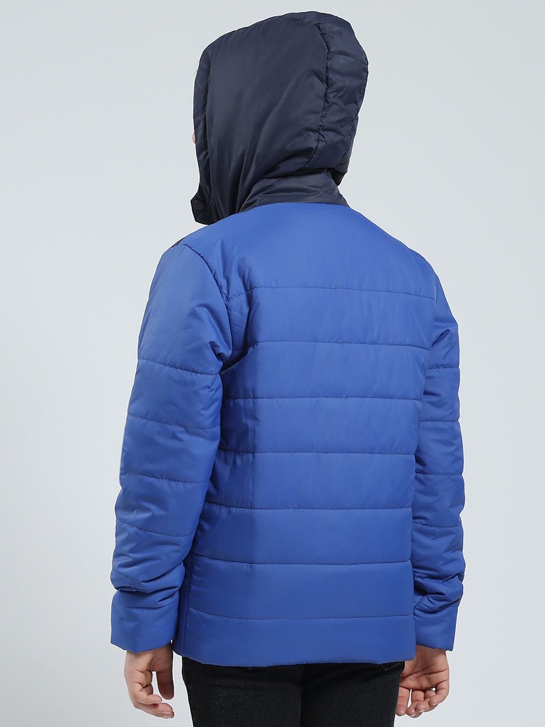 Boys Blue Printed Hooded Full Sleeve Jacket