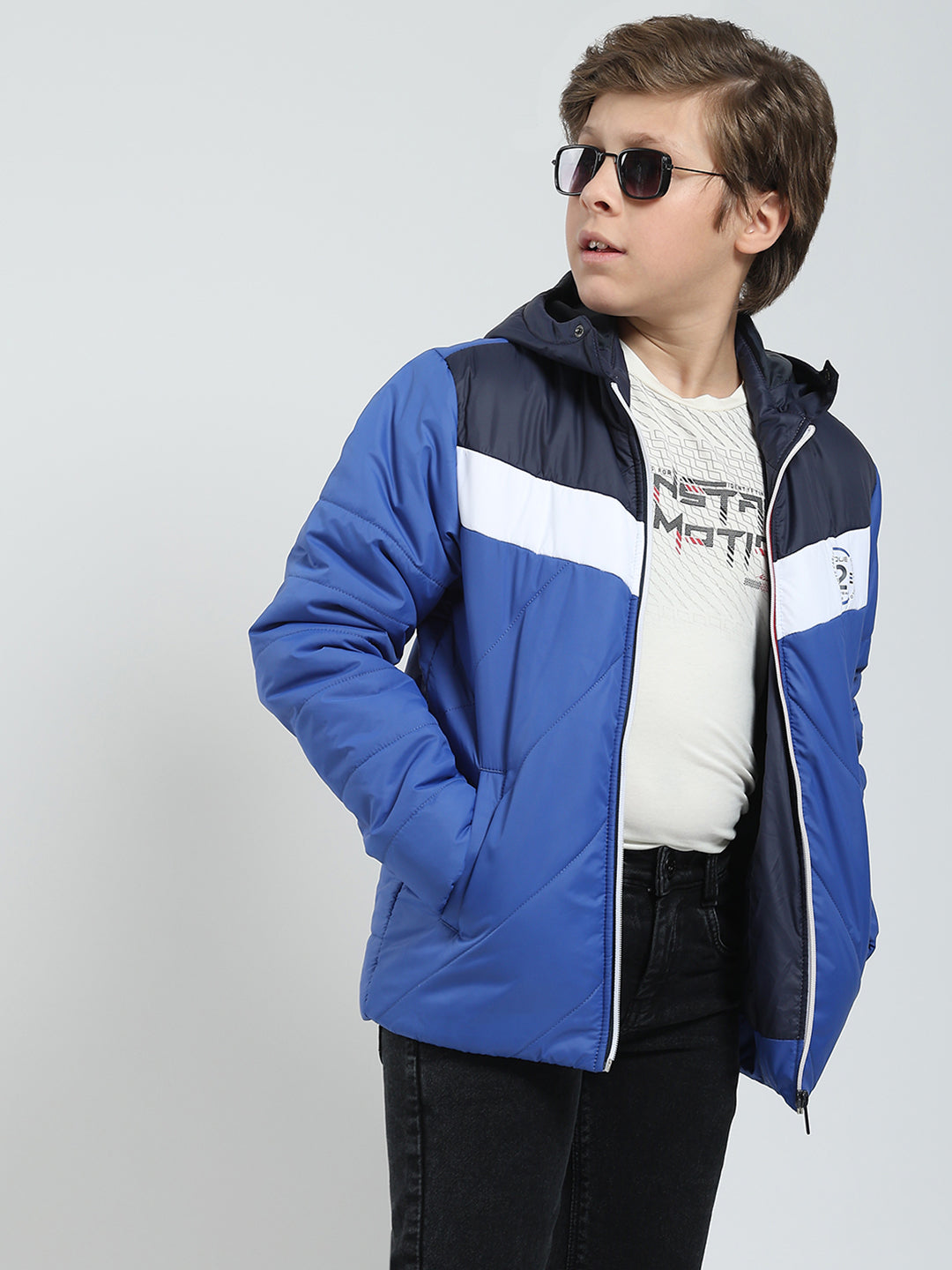 Boys Blue Printed Hooded Full Sleeve Jacket